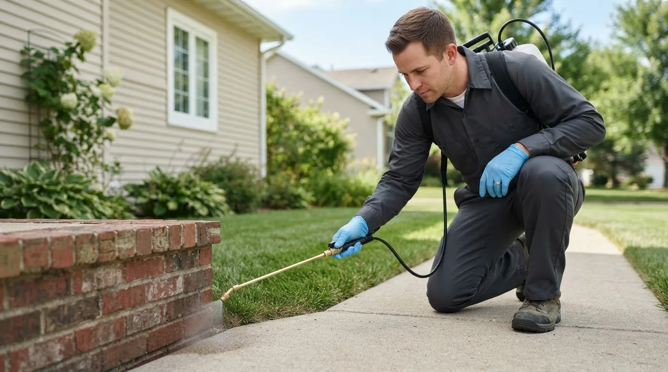 Pest control technician treating a home near Milton, MA